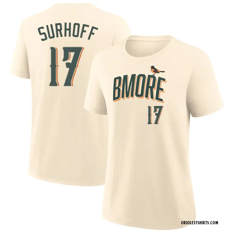 Women's Bj Surhoff Baltimore Orioles Cream 2026 City Connect Name & Number T-Shirt
