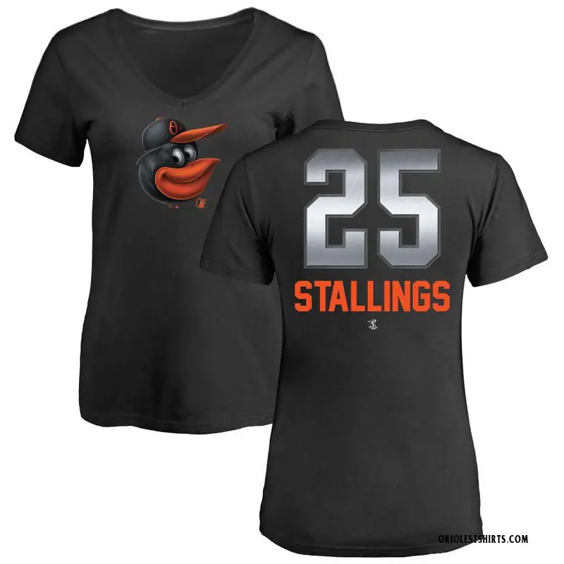 Women's Jacob Stallings Baltimore Orioles Midnight Mascot V-Neck T-Shirt - Black